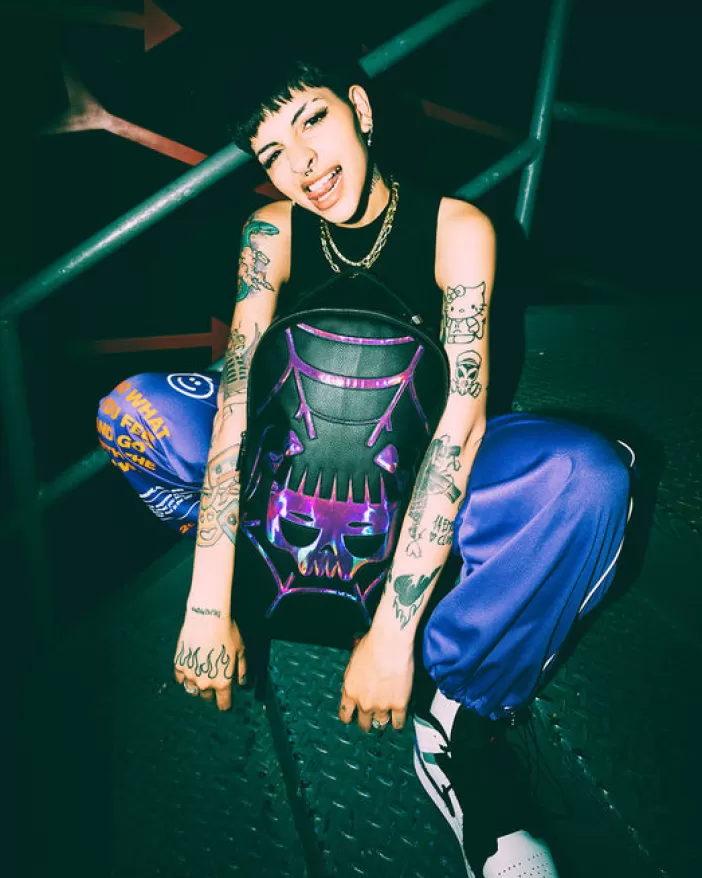 BACKPACKS*Sprayground CAZZU IRIDESCENT CUT u0026 SEW SPIDER SKULL SHARK BACKPACK (DLXV)