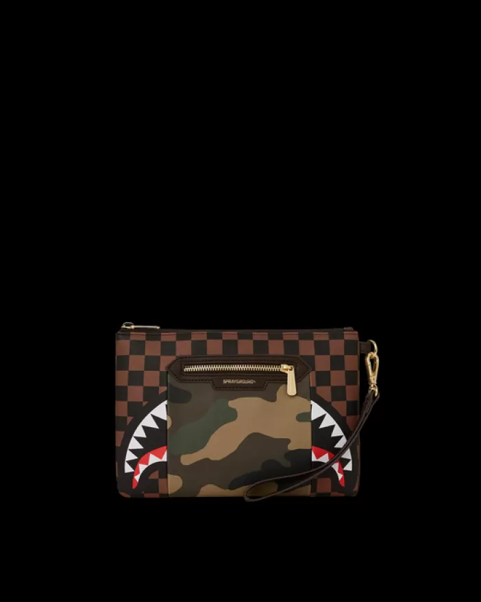 CROSSOVER CLUTCHES*Sprayground EXTERIOR GOLD ZIP POCKET SHARKS IN PARIS CROSSOVER CLUTCH
