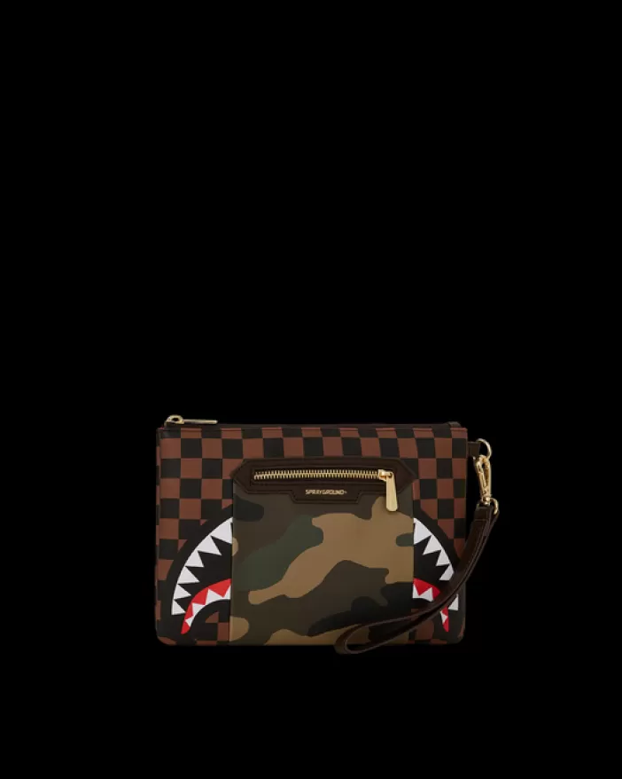 CROSSOVER CLUTCHES*Sprayground EXTERIOR GOLD ZIP POCKET SHARKS IN PARIS CROSSOVER CLUTCH